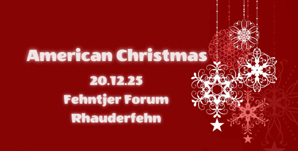 Rote Grafik mit weißen Schneeflocken und einer Aufschrift: American Christmas