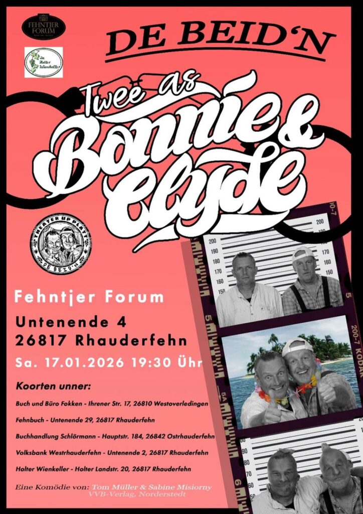 Plakatansicht für das Theaterstück. Man sieht zwei Fotos auf einem Filmstreifen mit den zwei Darstellern als Ganoven.